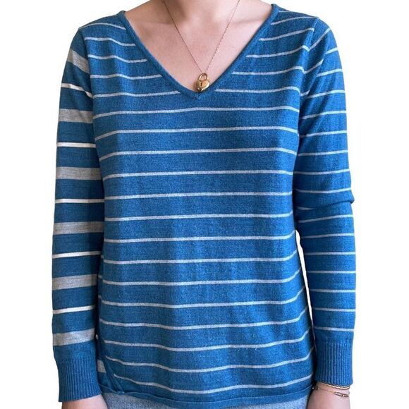 Smartwool Womens Blue Gray Striped Merino Wool V Neck Lightweight Sweater Sz L - Picture 5 of 7